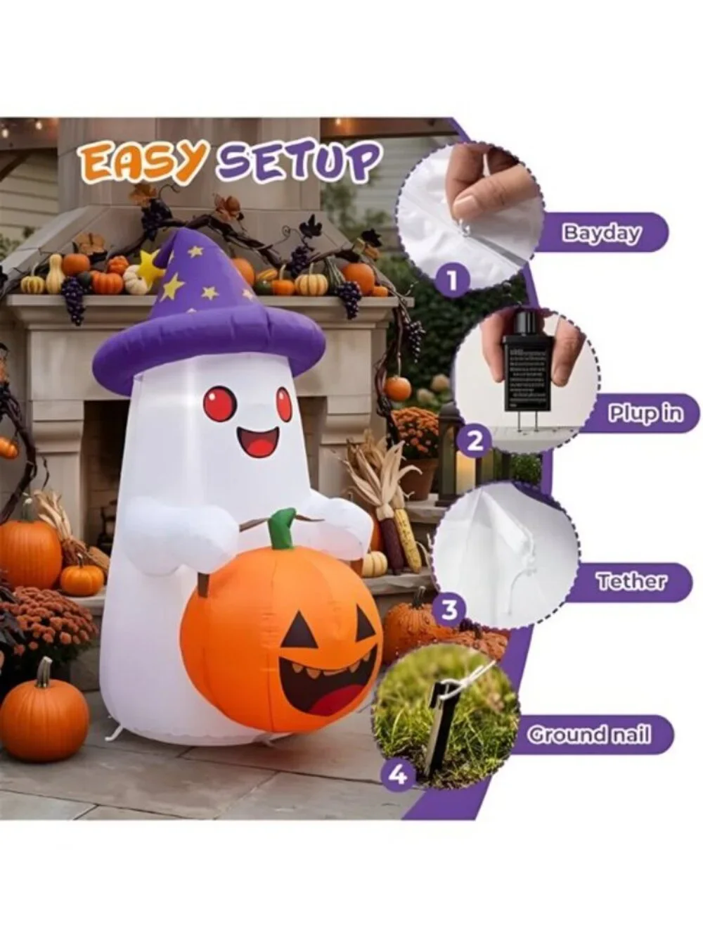 5 FT Halloween Inflatables Decor, Cute Inflatable Ghost with Pumpkin, Built-in
